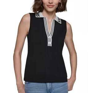 Karl Lagerfeld Paris Sleeveless Black White Logo Polo Sweater Top Size XS